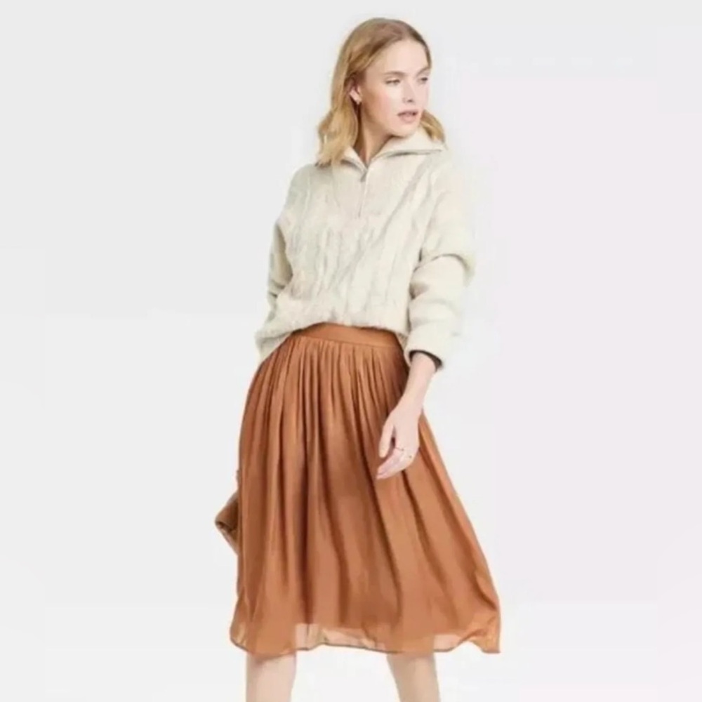 Women's Pleated Midi Skirt - A New Day Size small Color Brown